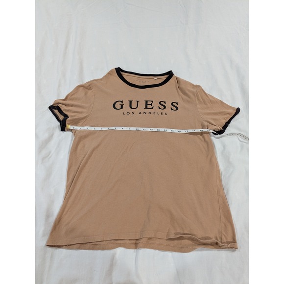 Guess Los Angeles Ringer T-Shirt Tan Brown Black Logo Mens Large Cotton Tee - Picture 6 of 8